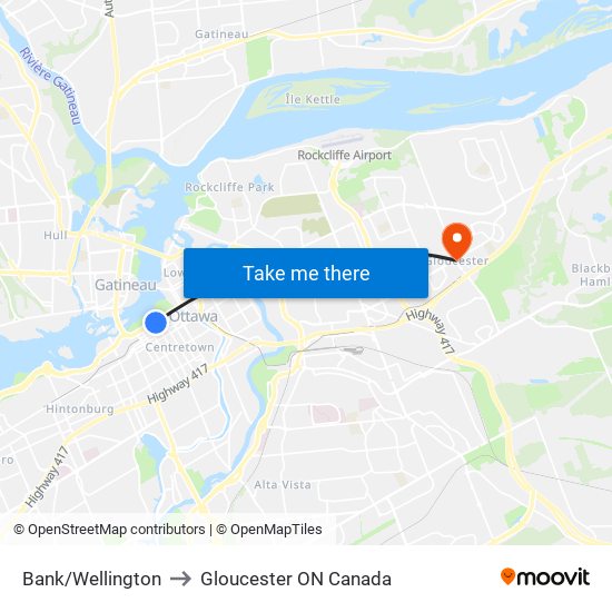 Bank/Wellington to Gloucester ON Canada map
