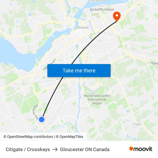 Citigate / Crosskeys to Gloucester ON Canada map