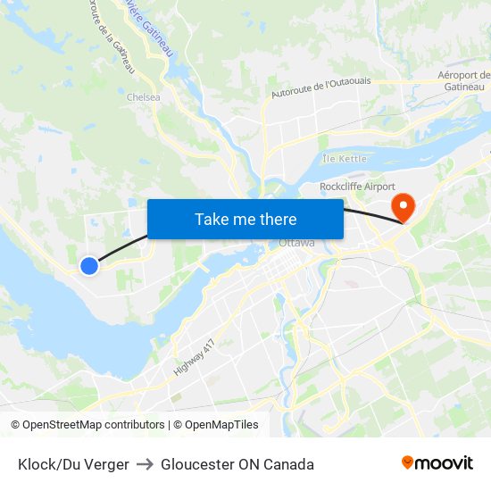 Klock/Du Verger to Gloucester ON Canada map