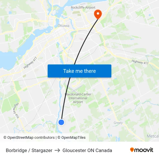 Borbridge / Stargazer to Gloucester ON Canada map