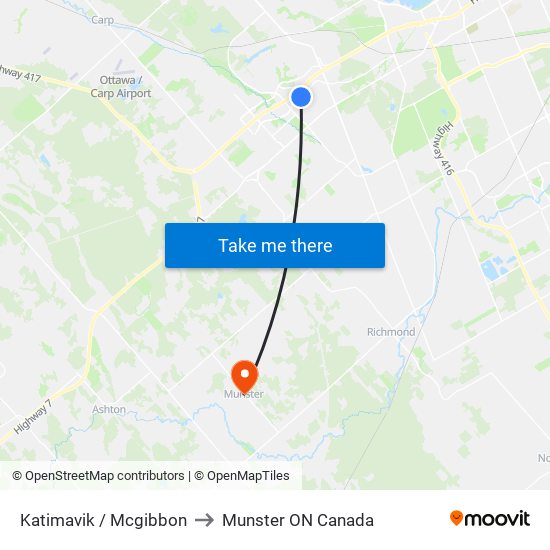 Katimavik / Mcgibbon to Munster ON Canada map