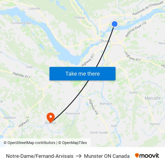 Notre-Dame/Fernand-Arvisais to Munster ON Canada map