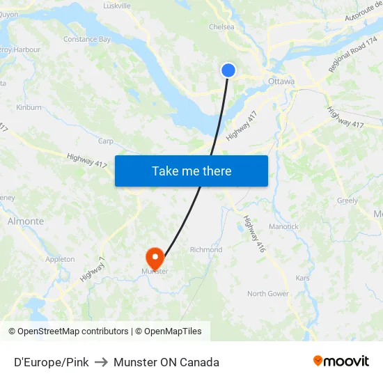D'Europe/Pink to Munster ON Canada map