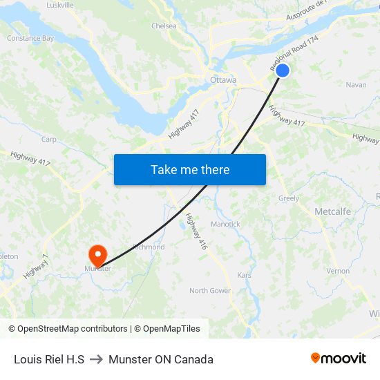 Louis Riel H.S to Munster ON Canada map