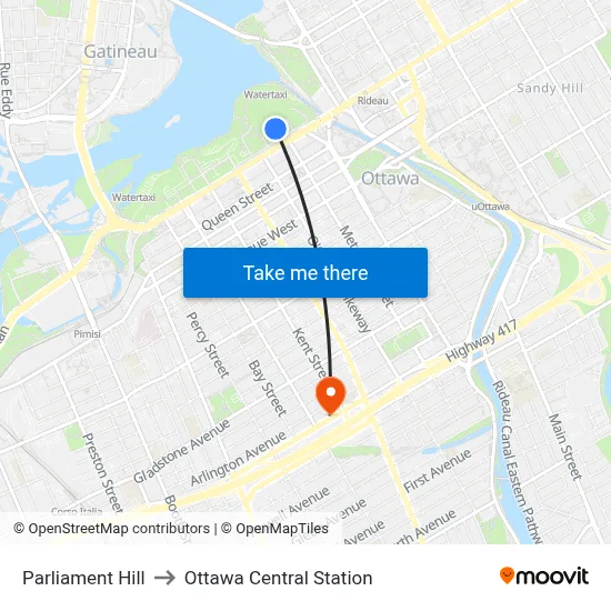 Parliament Hill to Ottawa Central Station map