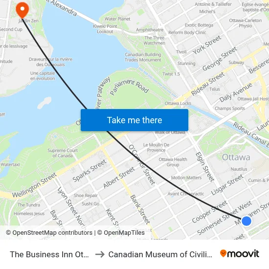 The Business Inn Ottawa to Canadian Museum of Civilization map
