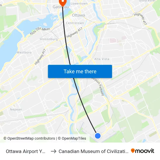 Ottawa Airport YOW to Canadian Museum of Civilization map