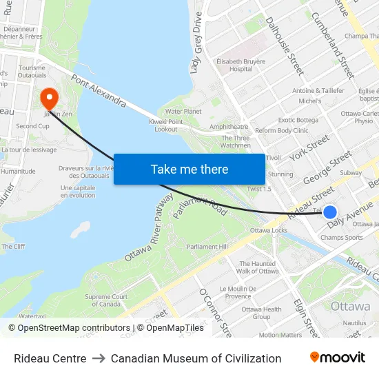 Rideau Centre to Canadian Museum of Civilization map