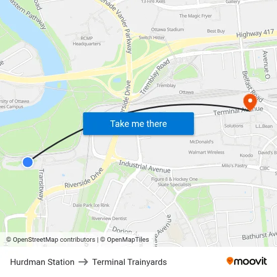 Hurdman Station to Terminal Trainyards map