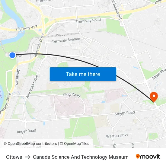 Ottawa to Canada Science And Technology Museum map
