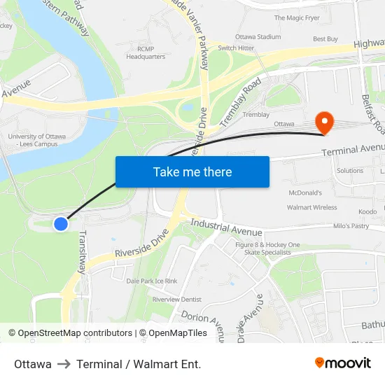 Ottawa to Terminal / Walmart Ent. map