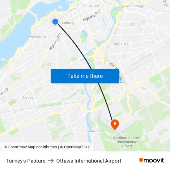 Tunney's Pasture to Ottawa International Airport map