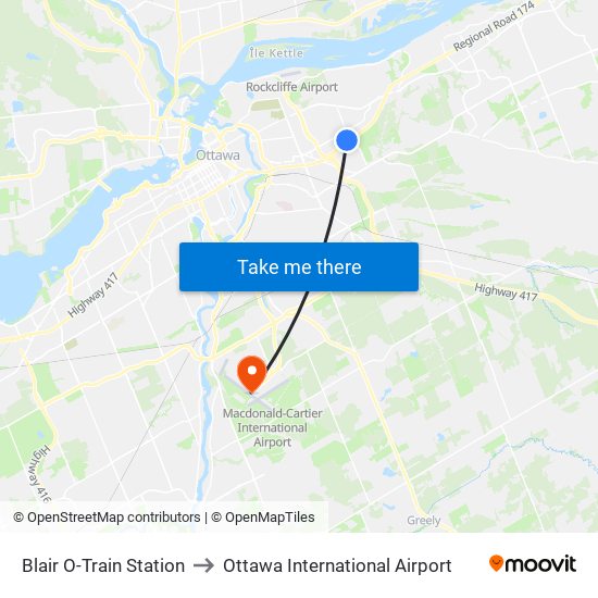 Blair O-Train Station to Ottawa International Airport map