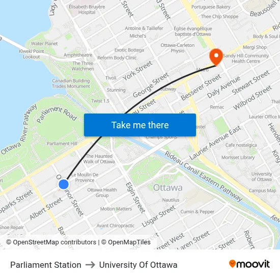 Parliament Station to University Of Ottawa map