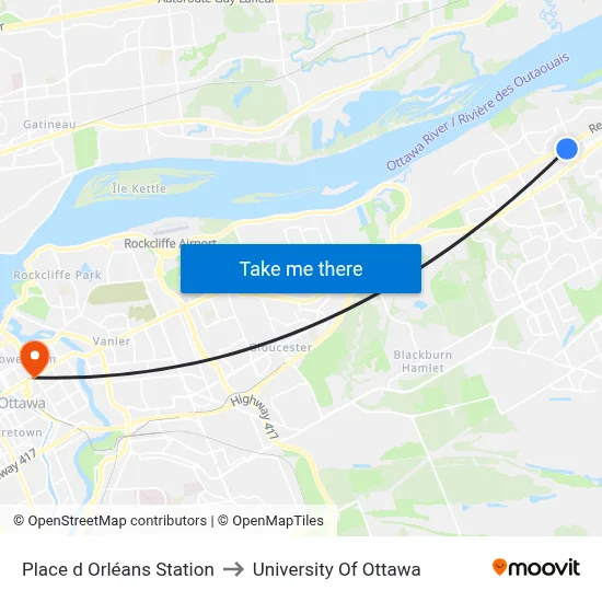 Place d Orléans Station to University Of Ottawa map