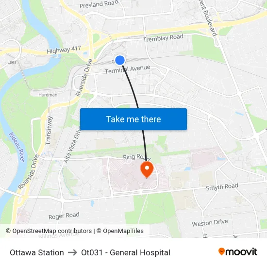 Ottawa Station to Ot031 - General Hospital map