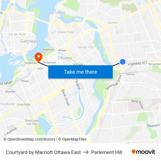 Courtyard by Marriott Ottawa East to Parlement Hill map