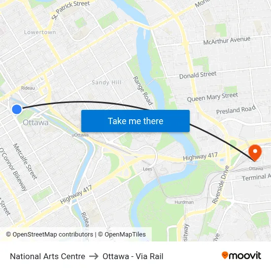 National Arts Centre to Ottawa - Via Rail map