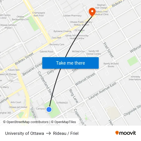 University of Ottawa to Rideau / Friel map