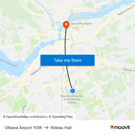 Ottawa Airport YOW to Rideau Hall map