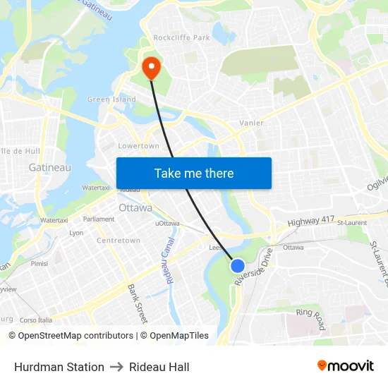 Hurdman Station to Rideau Hall map