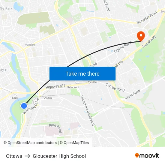 Ottawa to Gloucester High School map