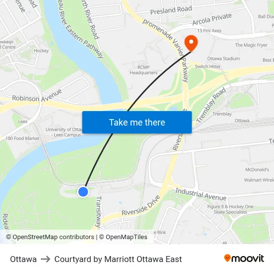 Ottawa to Courtyard by Marriott Ottawa East map