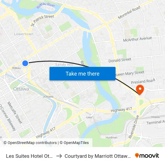 Les Suites Hotel Ottawa to Courtyard by Marriott Ottawa East map