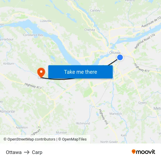 Ottawa to Carp map