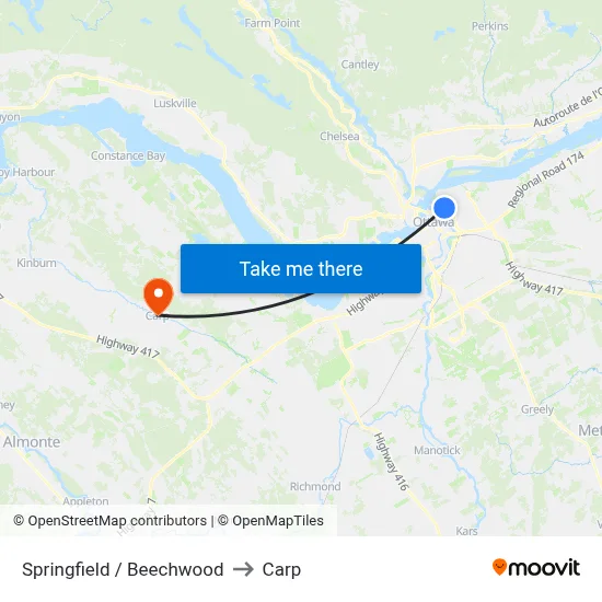 Springfield / Beechwood to Carp map