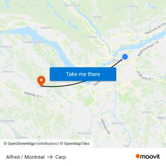 Alfred / Montréal to Carp map