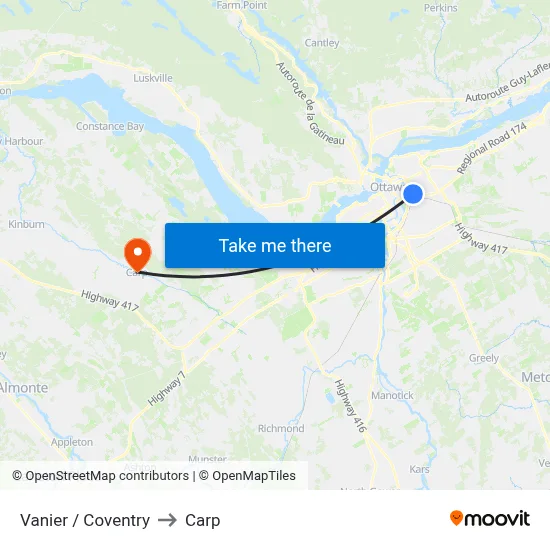 Vanier / Coventry to Carp map