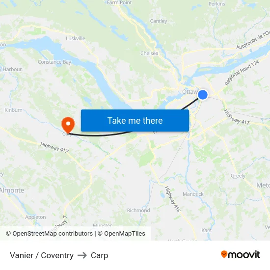 Vanier / Coventry to Carp map