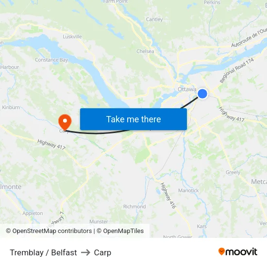 Tremblay / Belfast to Carp map