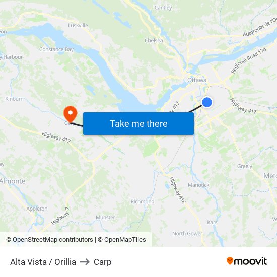 Alta Vista / Orillia to Carp map