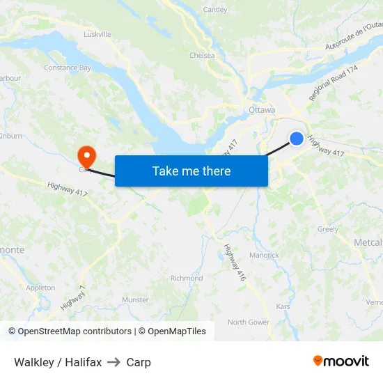 Walkley / Halifax to Carp map