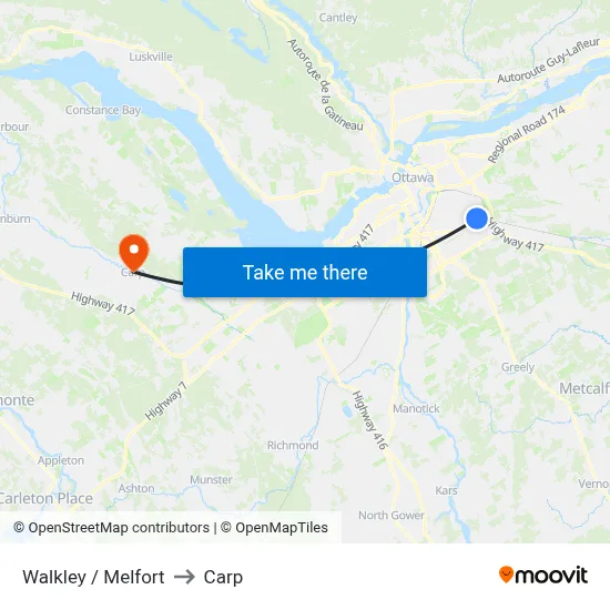 Walkley / Melfort to Carp map