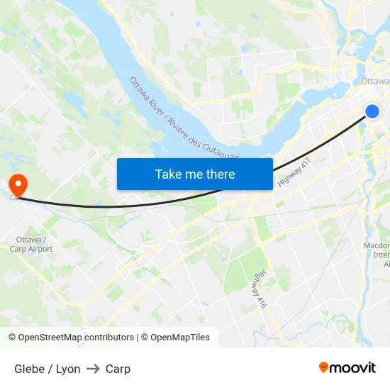 Glebe / Lyon to Carp map