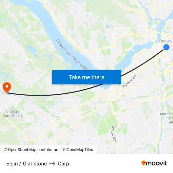 Elgin / Gladstone to Carp map