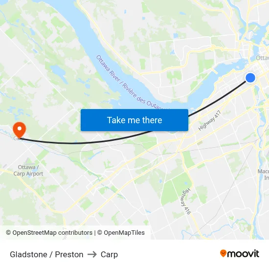 Gladstone / Preston to Carp map