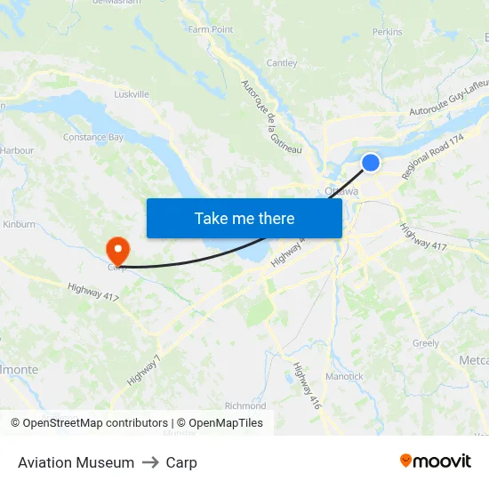 Aviation Museum to Carp map