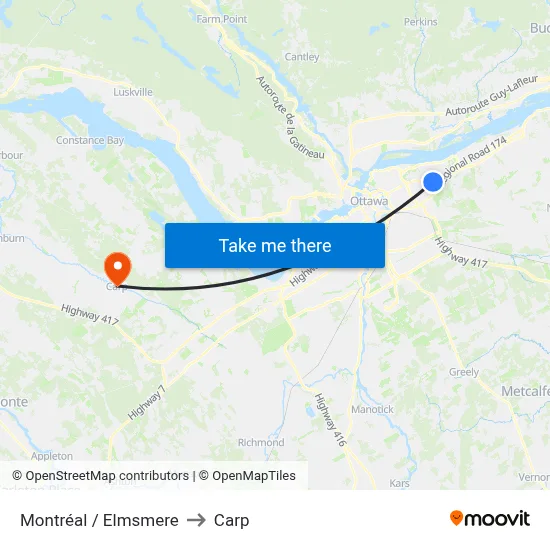 Montréal / Elmsmere to Carp map