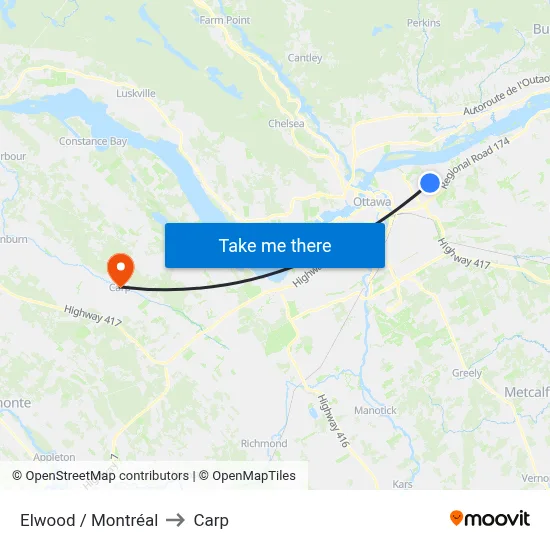 Elwood / Montréal to Carp map