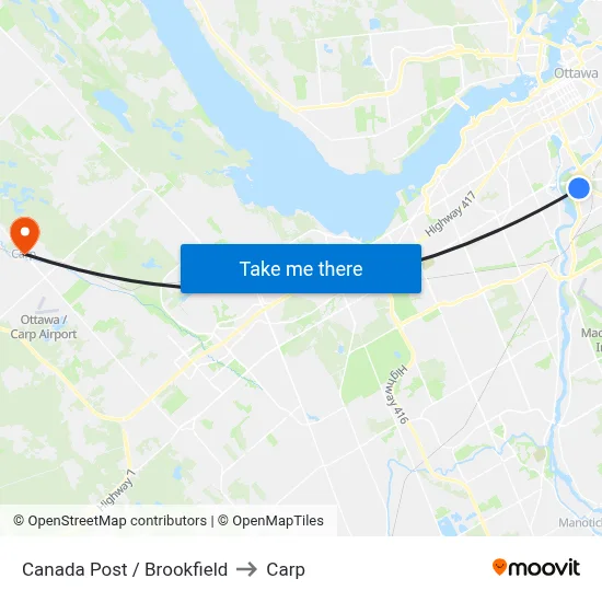 Canada Post / Brookfield to Carp map