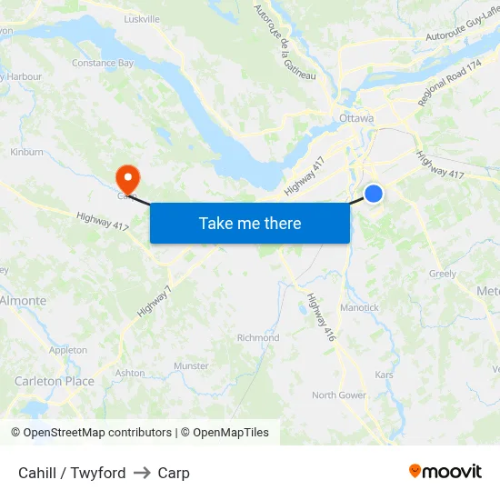 Cahill / Twyford to Carp map
