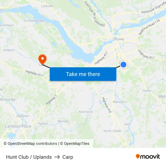 Hunt Club / Uplands to Carp map