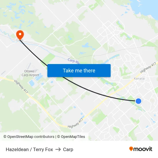 Hazeldean / Terry Fox to Carp map