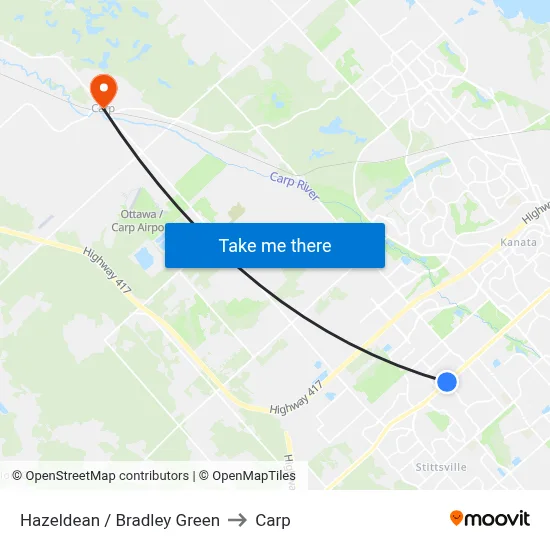 Hazeldean / Bradley Green to Carp map