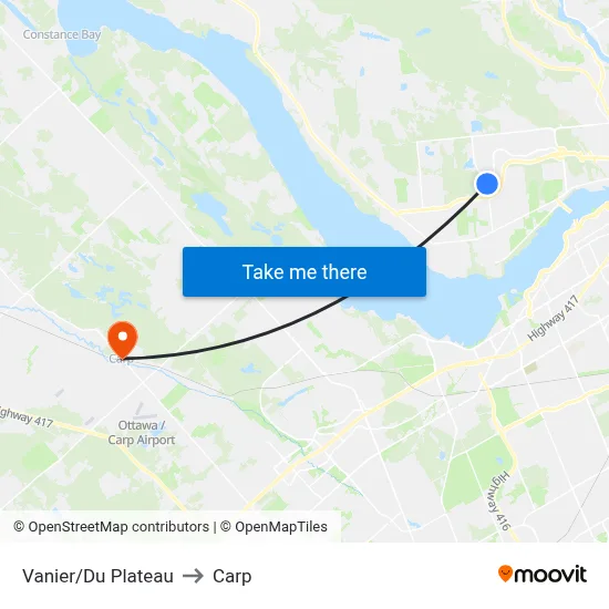 Vanier/Du Plateau to Carp map