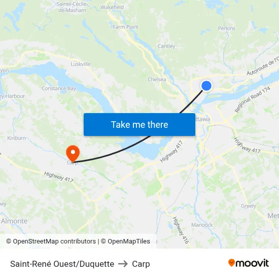 Saint-René Ouest/Duquette to Carp map